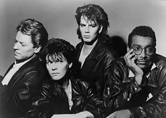 The Power Station in 1985. L–R: Robert Palmer, Andy Taylor, John Taylor, Tony Thompson