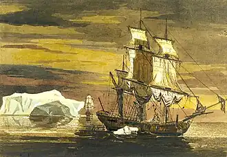 Two large wooden ships at rest in the ocean, next to icebergs