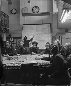 ROC issue electrical and mechanical Sector clocks in the No. 19 Group (Bromley) Operations Room, (Mechanical models were often paired with electrical types as a backup in the event of power outages).