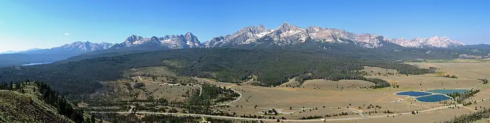 A panorama of the Sawtooth Mountains from a ridge southeast of Stanley