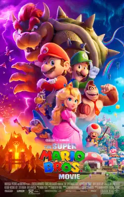 A film poster featuring various Mario characters (Mario, Luigi, Donkey Kong, Peach, etc.), as well as Bowser's mobile airship in the bottom left, the Mushroom Kingdom on the bottom right, and the Rainbow Road in the top right