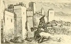 Soldiers attack the walls of a fortress with a battering ram. Enemy fighters watch over the top of the walls.