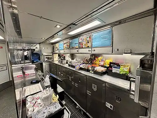 The cafe car food service area aboard Amtrak's Vermonter train