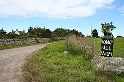 A curved road next to a grassy area on the right, and a short stone wall on the left
