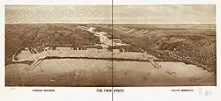 1915 panoramic map of the Twin Ports, Superior on the left and Duluth on the right