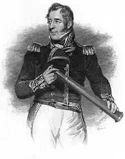 A black and white engraving of a portrait of a white male wearing a naval uniform with a dark top and white trousers; he holds a telescope in both hands