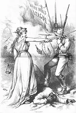 1874 cartoon showing Department of Justice could be used against the White League