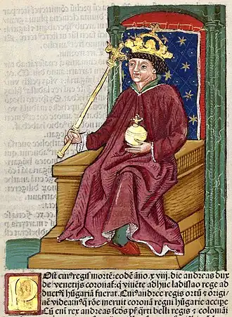 Chronica Hungarorum, Thuróczy chronicle, King Andrew III of Hungary, throne, crown, orb, scepter, medieval, Hungarian chronicle, book, illustration, history
