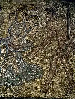 5th century A.D., Roman villa at Agora, Argos, Greece. A dancer in the thiasus plays cymbala and dances with Dionysus.