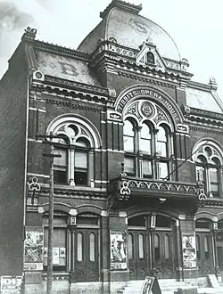 The original architectural facade of Tibbits Opera House