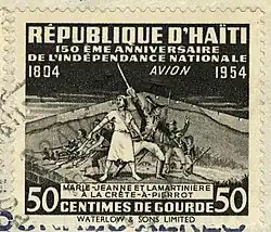 A woman in white and a man in uniform with troops behind them.