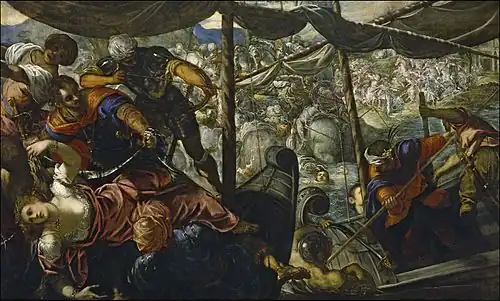 The Rape of Helen by Tintoretto (1578–1579, Museo del Prado, Madrid); Helen languishes in the corner of a land-sea battle scene.[62]