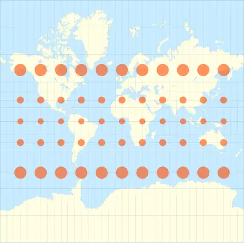Image 15The Mercator projection with Tissot's indicatrix of deformation. (The distortion increases without limit at higher latitudes) (from Scale (map))