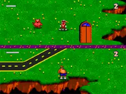 Two aliens, one red and one orange stand in fields surrounded by chasms. A red demon and an elevator are near the red alien. The two aliens are separated by a purple line that runs horizontally through the image.