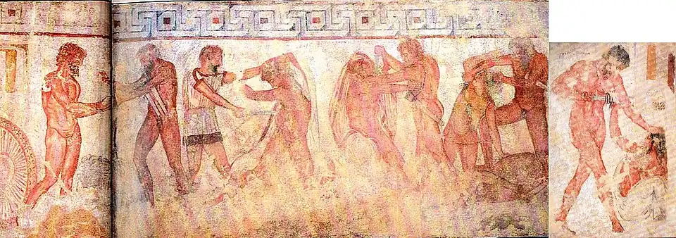Fresco in the François Tomb: Liberation of Celio Vibenna, from left to right: Caile Vibenna, Mastarna, Larth Ultes, Laris Papathnas Velznach, Pesna Aremsnas Sveamach, Rasce, Venthikau and Aule Vibenna, right: Marce Camitlnas et Cnaeve Tarchunies Rumach