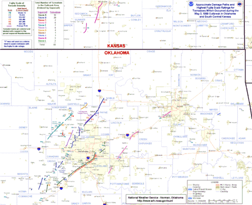 An enlarged map of the main event of the tornado outbreak across central and northeast Oklahoma and extreme southeastern Kansas. The map denotes city locations, shading more densely populated areas in yellow, and major roads are shown. Sixty-six tornado tracks are plotted as colored lines on the map, with their colors corresponding to one of the eleven parent storm cells the tornadoes were produced by. The majority of tracks are concentrated around the Oklahoma City Metropolitan Area which is seen as a large yellow-shaded area slightly offset from the center of the map.