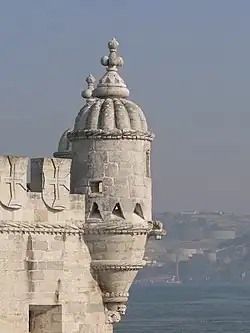 Bastion terrace on Belém Tower with its Moorish bartizan turrets and cupolas from the north-west, Lisbon, Portugal, by Francisco de Arruda, c. 1514–1519