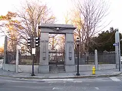 Touro Cemetery showing Isaiah Rogers' Egyptian Revival gate similar to the gate at Boston's Old Granary Burying Ground