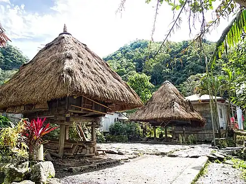 The raised bale houses of the Ifugao people, with capped house posts[184]
