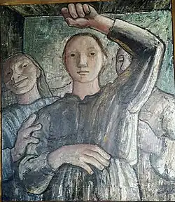 Three women looking in a mirror. Oil on canvas, ca. 1930