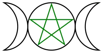 A green pentagram circumscribed in black in center with a waxing crescent moon on the left and waning crescent moon on the right.