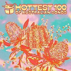 Orange banksia and wattle flowers on a turquoise background.