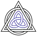 Triquetra in blue as part of an interlaced Celtic decorative symbol. (Later adopted by Christian iconography as representative of "the Trinity")