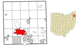 Location of Warren in Trumbull County, Ohio