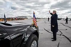 President Donald J. Trump waves to awaiting supporters Saturday, October 27, 2018, as he disembarks Air Force One at Indianapolis International Airport, to address the Future Farmers of America convention in Indianapolis.