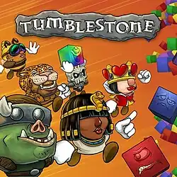 The cover art of Tumblestone showing characters battling colored blocks known as tumblestones.