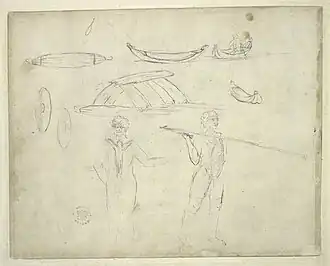 Sketched art of two Aboriginal men with spears and shields.