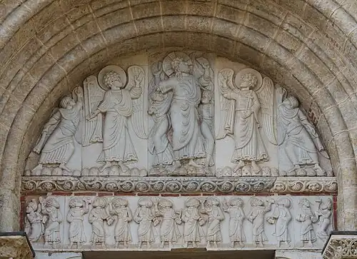 The tympanum of the side entrance of Saint-Sernin of Toulouse, (c. 1115) shows the Ascension of Christ, surrounded by angels, in a simple composition of standing figures.