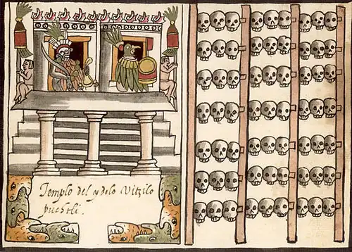 Image 8Art with ideological and political meaning: depiction of an Aztec tzompantli (skull-rack) from the Ramirez Codex (from Mesoamerica)