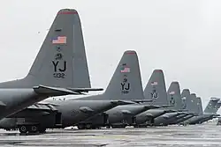 US Air Force C-130J Super Hercules of the 36th Airlift Squadron parked on the Yokota flight-line during 2013.