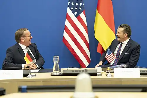 Pistorius with US Secretary of Defense Pete Hegseth in Brussels, Belgium, February 2025