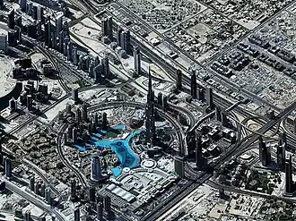 Ariel view showing the park surrounding the Burj Khalifa