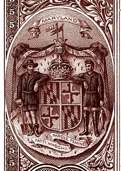 Maryland state coat of arms from the reverse of the National Bank Note Series 1882BB