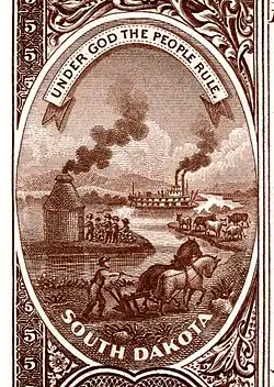 South Dakota state coat of arms from the reverse of the National Bank Note Series 1882BB