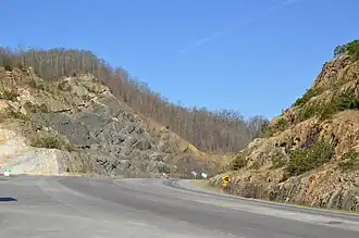 Road passing between two rock faces, the rocks are diagonally stratified and there is woodland atop the hill