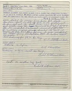 Handwritten logbook page with Richard Patterson's remarks from the day of the friendly fire incident