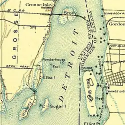 An old hand-drawn map of several islands in a river