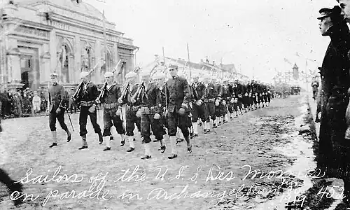 USS&nbsp;Des Moines sailors on parade at Archangel, June 1919