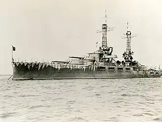 Hyperboloid mast towers were on the USS&nbsp;Oklahoma, at anchor wearing experimental camouflage, circa 1917, prior to refitting in 1927–1929.