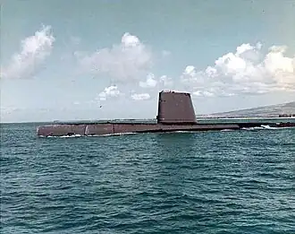 Port-side view of USS Razorback (SS-394) off Hawaii, ca. the 1960s, after GUPPY IIA conversion