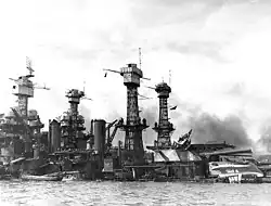 Hyperboloid towers of USS&nbsp;West Virginia, Pearl Harbor, 1941.