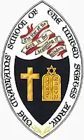 Old Army Chaplain School device (coat of arms), with Christian and Jewish symbols (Hebrew letters), and the change from "Chaplains' School" to "Chaplain School," December 23, 1983