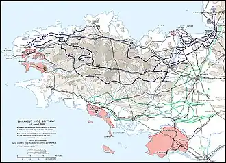 Color map of the Brittany region showing locations, movements of US Army units and German positions as described in the article