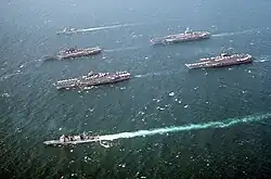 Aircraft Carriers USS Theodore Roosevelt (top right), Midway (top left), Ranger (bottom left) and America (bottom right), as part of Battle Force Zulu in the Persian Gulf. Midway was the flagship of Battle Force Zulu.