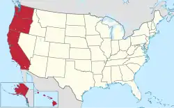 Location of the West Coast (red) in the United States (tan) as defined by the Census Bureau