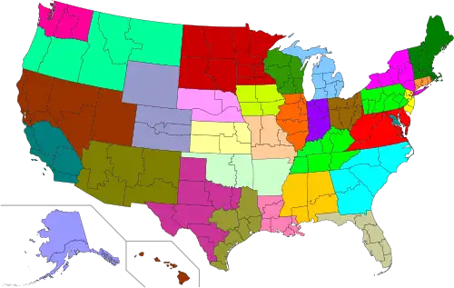 United States map showing each of the 33 Latin Church provinces